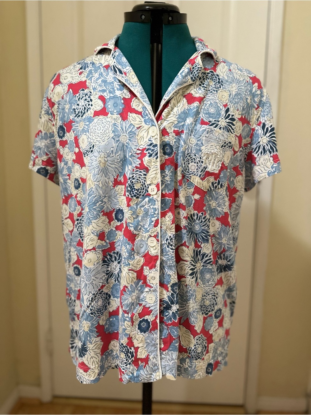 NWOT Lauren Ralph Lauren Sz L Blue Red Floral Pajama Shirt